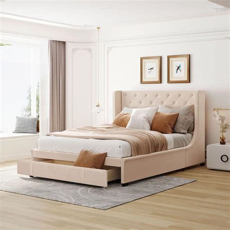 Qualler Beige Wood Frame Queen Velvet Upholstered Platform Bed With