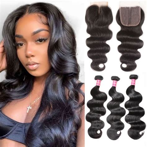 Nadula Middle Part Body Wave Closure With 3 Bundles Hair Weave 100