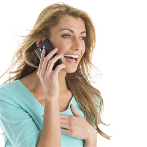 Beautiful Woman Laughing While Using Smart Phone Stock Image Image Of