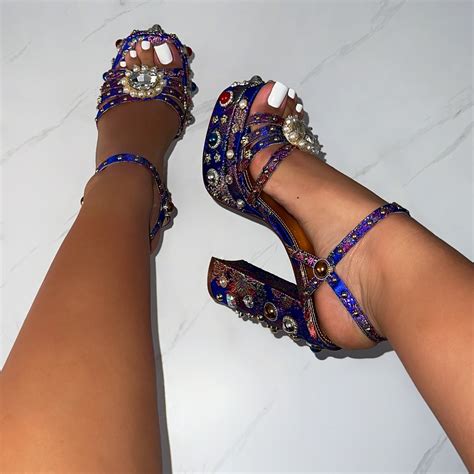 Libertie Cobalt Blue Satin Print Gem Platform Block Heels Simmi London