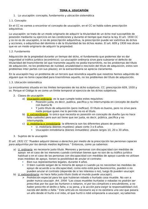 Tema 4 Dcho Civil IV TEMA 4 USUCAPIÓN La usucapión concepto