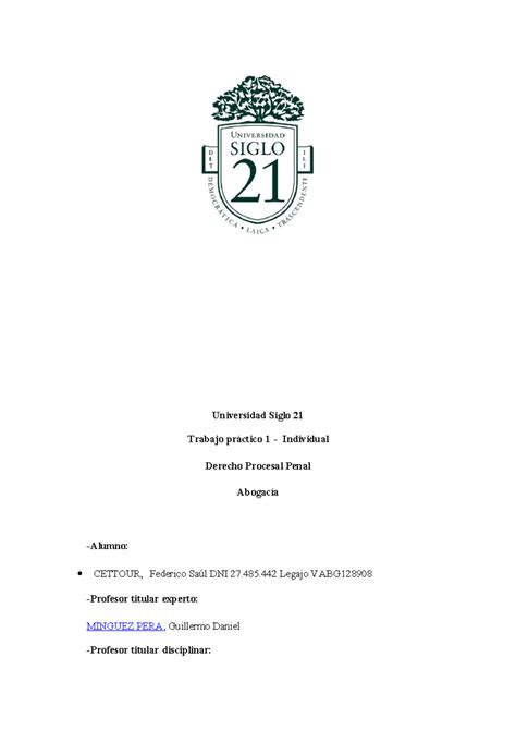 Trabajo Práctico N 3 Derecho Procesal Penal Universidad Siglo 21