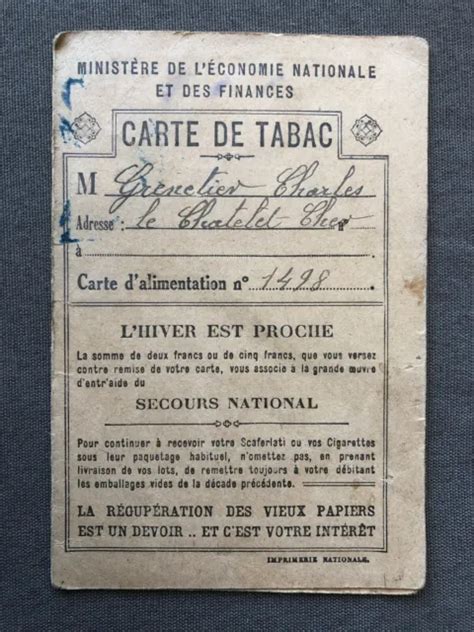 Carte De Rationnement De Tabac Du Cher Commune Du Chatelet Cher