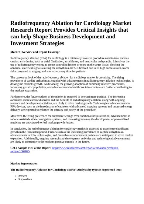 Reportprime - Radiofrequency Ablation for Cardiology Market Research