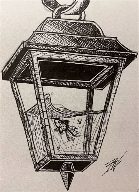 Fish Trapped In A Lantern Fast Sketch Ink Drawing Fine Lines Black And