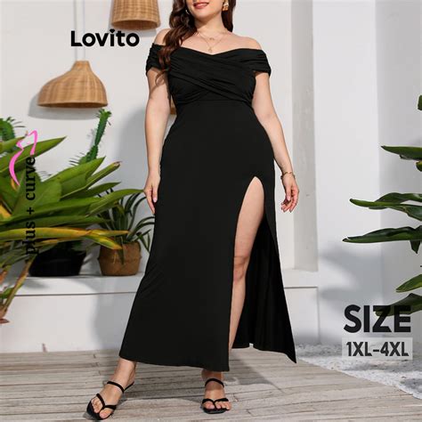 Lovito Women Plus Size Curve Elegant Plain Split Cold Shoulder Dress