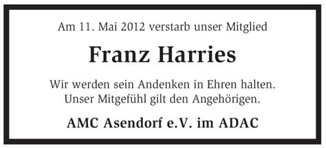 Traueranzeigen Von Franz Harries Trauer Kreiszeitung De