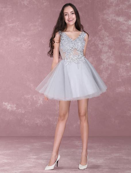 Lace Flowers Short Prom Dresses V Neck Tulle Mini Party Dress Power