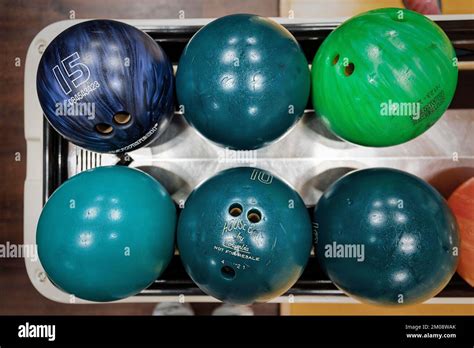 Six Bowling Balls In Different Colours Ready To Play View From Above