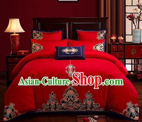 Traditional Chinese Style Wedding Bedding Set China National Marriage Embroidery Red Textile