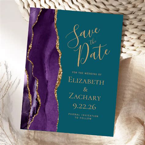 Modern Agate Purple Gold Teal Save The Date Announcement Postcard Zazzle