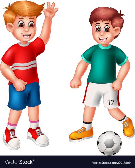 Funny two boys playing football cartoon Royalty Free Vector