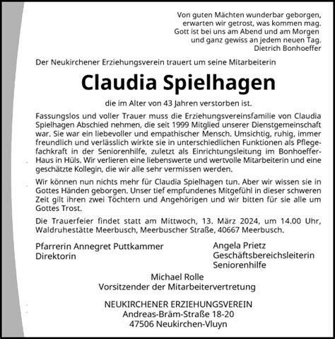 Alle Traueranzeigen F R Claudia Spielhagen Trauer Rp Online De