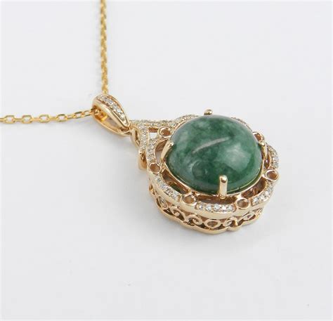 Natural Jade Necklace Diamond And Jade Halo Pendant 14k Yellow Gold