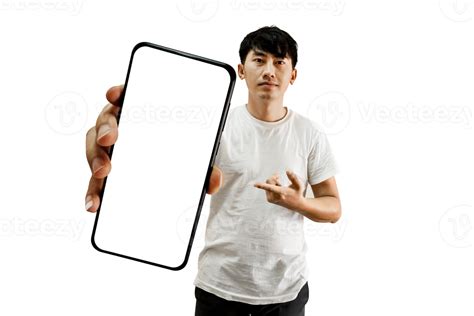 Asian Man Hand Pointing At Empty White Smartphone Screen 18742755 Png