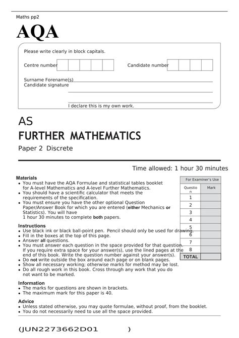 AQA AS LEVEL FURTHER MATHEMATICS 7366 2D Paper 1 June 2022 QUESTION