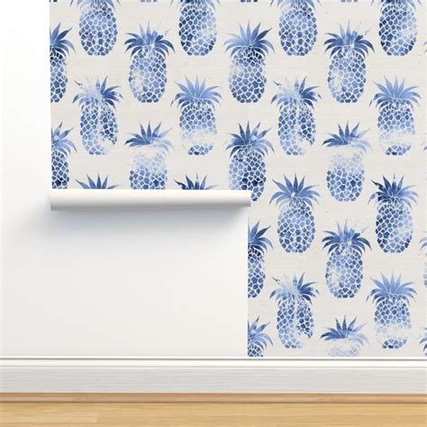 Pineapples Blue Watercolor Wallpaper Spoonflower