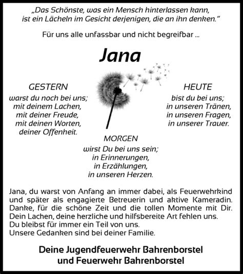 Traueranzeigen Von Jana Trauer Kreiszeitung De