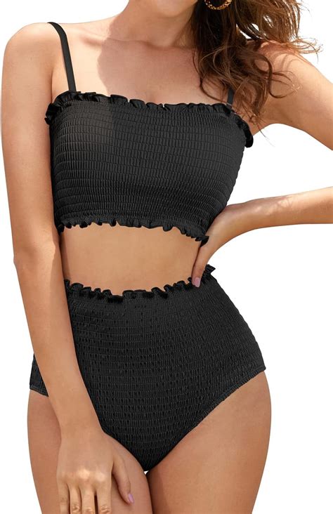 Shekini Women S Bikini Sets Shirred Bandeau Bikini Top High Waist Bathing Suit Removable Straps