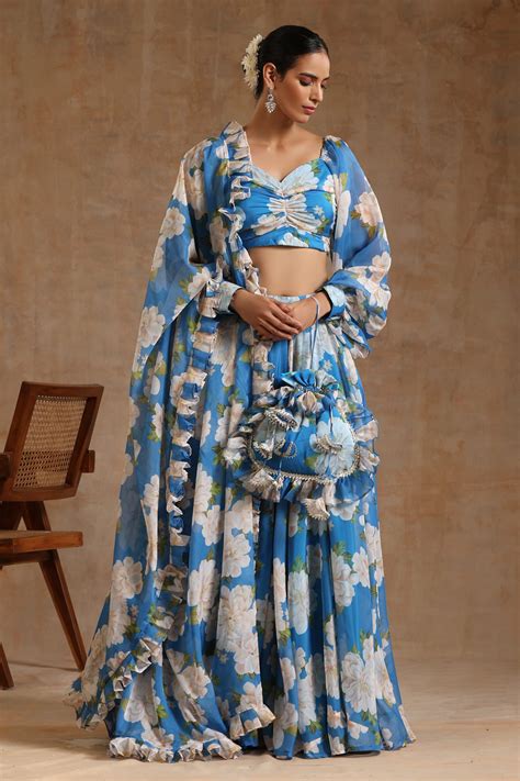 Buy Blue Organza Sweetheart Gul Fiza Floral Pattern Lehenga Set For