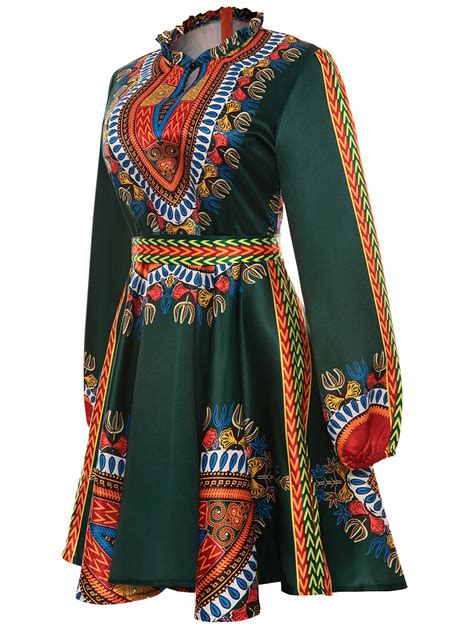 Elegant African Print Dashiki Dress Womens Casual Long Sleeves