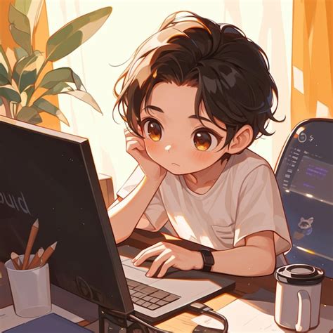 Premium Photo Anime Boy Sitting At A Desk With A Laptop Computer