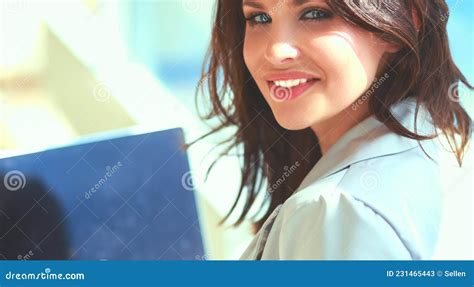 Young Smiling Woman Sitting With Laptop Computer Stock Image Image Of