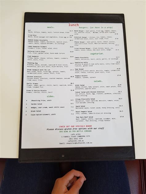 Menu at Cafe Alibi, Canberra