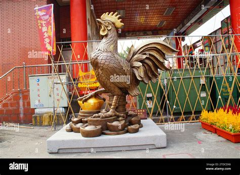 A golden rooster statue in front of the temple Stock Photo - Alamy