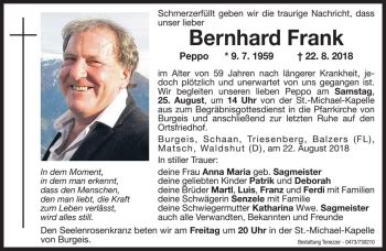 Traueranzeigen Von Bernhard Frank Trauer Bz