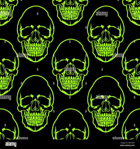 Seamless Symmetrical Pattern Of Green Human Skulls On A Black