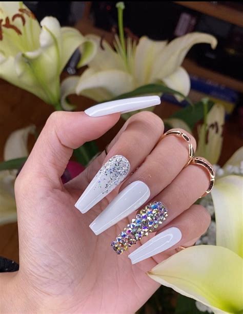 White Nails With Rhinestones On One Finger Design Talk