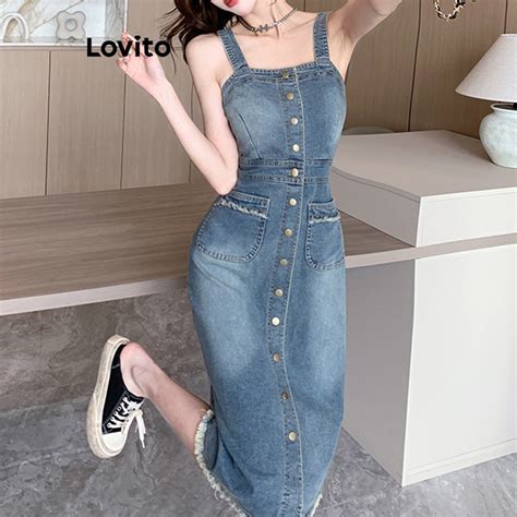 Lovito Women Button Front Pocket Raw Hem Denim Dress Lne Shopee