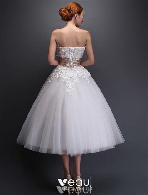 Strapless Applique Lace Flowers Tea Length Short Wedding Dress With