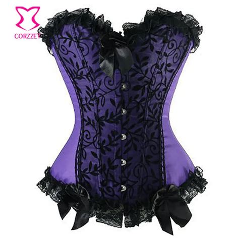 Purple Satin Black Lace Sexy Corset Women Corpetes E Espartilhos Plus