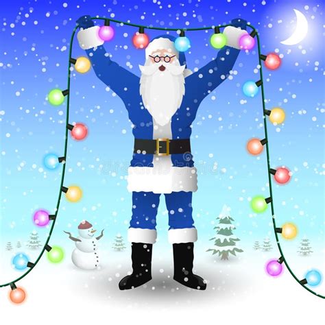 Santa Claus In A Blue Suit Is Holding A New Year`s Illumination Garland