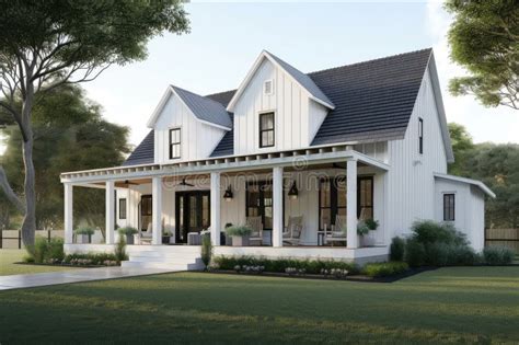 Modern Farmhouse House With Wrap Around Porch Rocking Chairs And