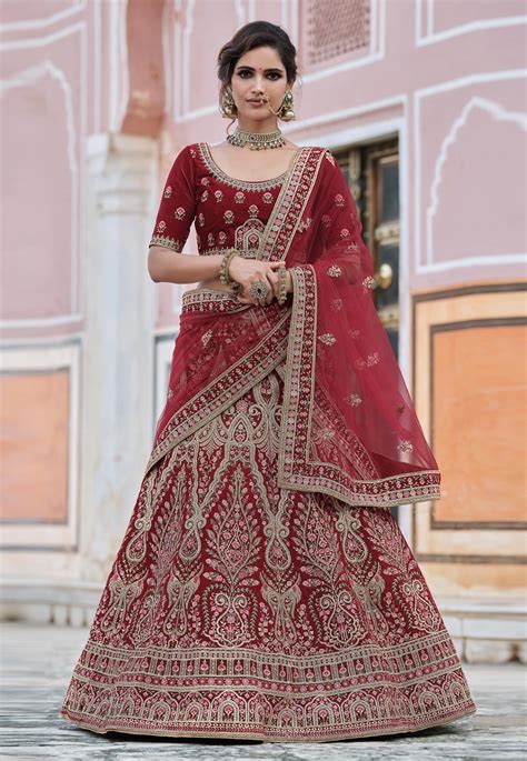 Maroon Velvet Embroidered Bridal Lehenga Choli