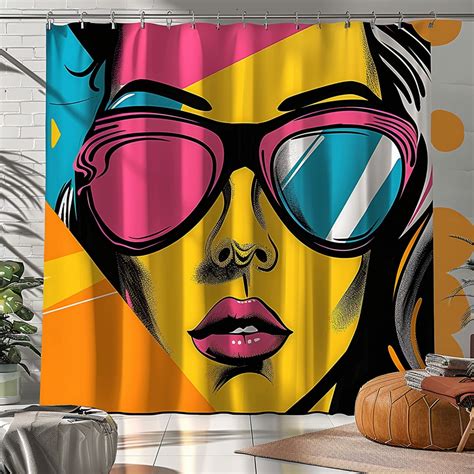 Pop Art Woman Face With Sunglasses Shower Curtain Vibrant Pop Style Bathroom Decor Unique Design