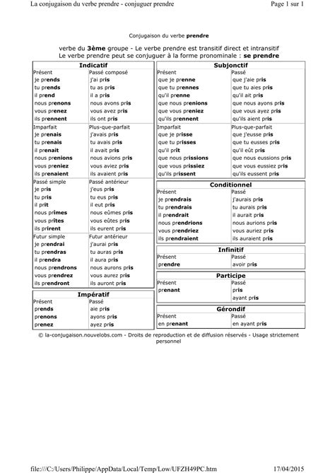 Page Sur La Conjugaison Du Verbe Prendre