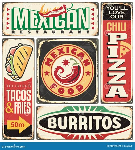 Mexican Restaurant Retro Tin Signs Collection Stock Vector