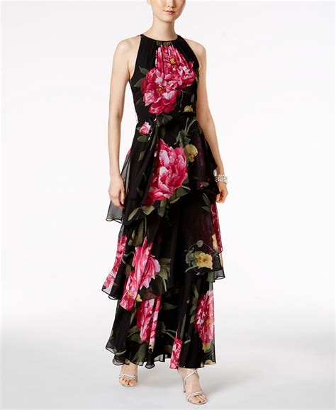 Tahari Asl Floral Print Tiered Gown Macys