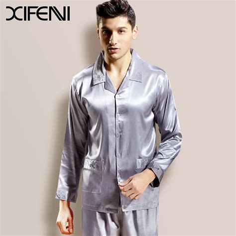 Xifenni Spring Mens Silk Pajamas Sets Long Sleeve Loungewear Luxury