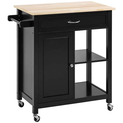 Homcom Rolling Black Kitchen Cart With Wood Top Kitchen Island With