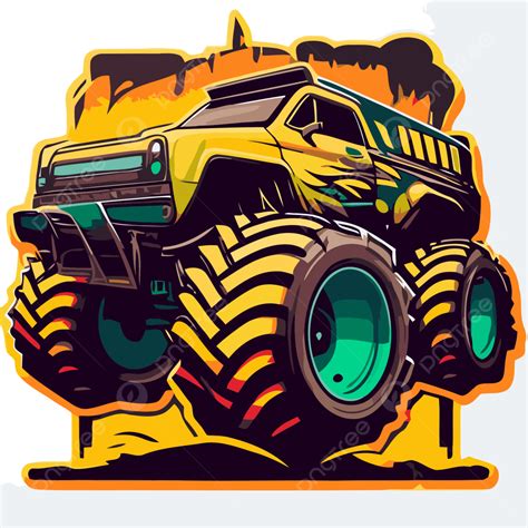 Monster Truck Icon With Red And Yellow Wheels Vector Clipart Outline