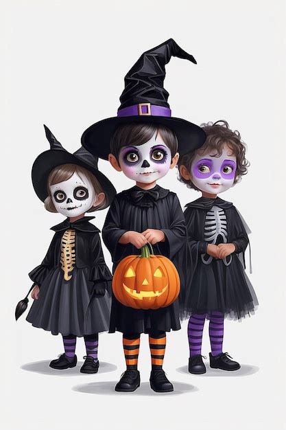 Un Dibujo De Tres Ni Os Disfrazados De Personajes De Halloween Foto