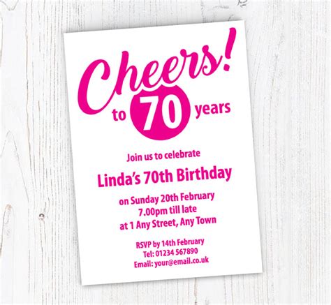 Pink Cheers to 70 Years Party Invitations | Personalise Online Plus Free Envelopes | Putty Print