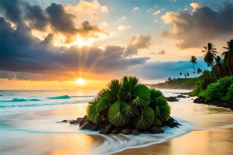 premium photo  tropical beach  palm trees   sunset