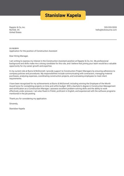 Construction Worker Cover Letter Samples Examples 2024 Kickresume