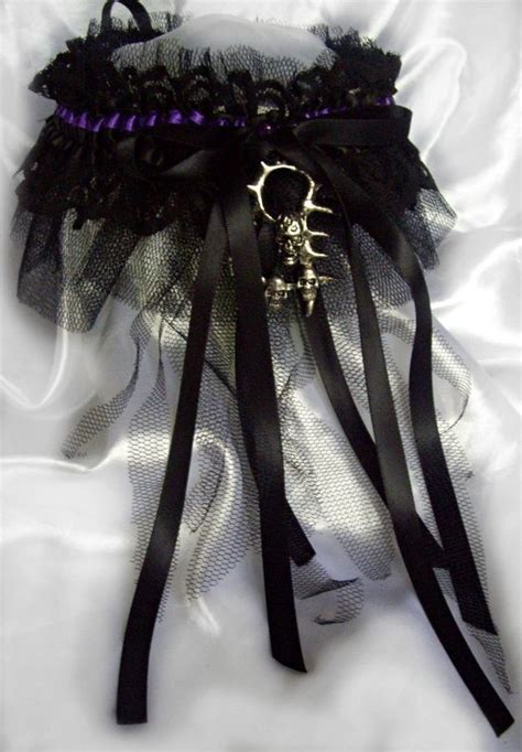 Gothic Black Lace With Purple Ribbon Wedding Garter Trophy Belt Skulls